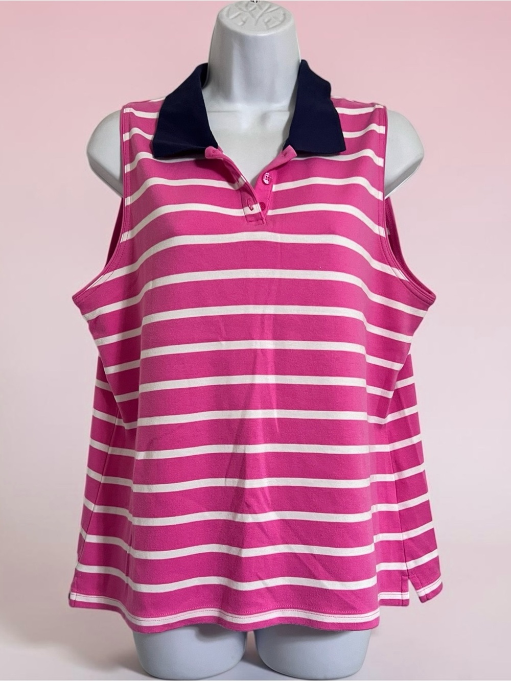 croft & barrow Pink and White Striped Sleeveless Polo with Navy Collar